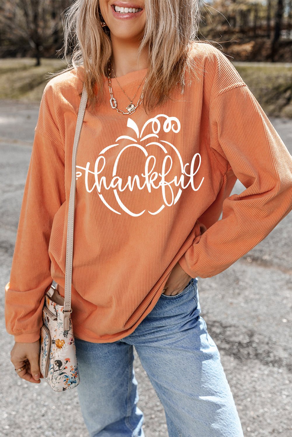 Orange Pumpkin thankful Graphic Corded Thanksgiving Sweatshirt