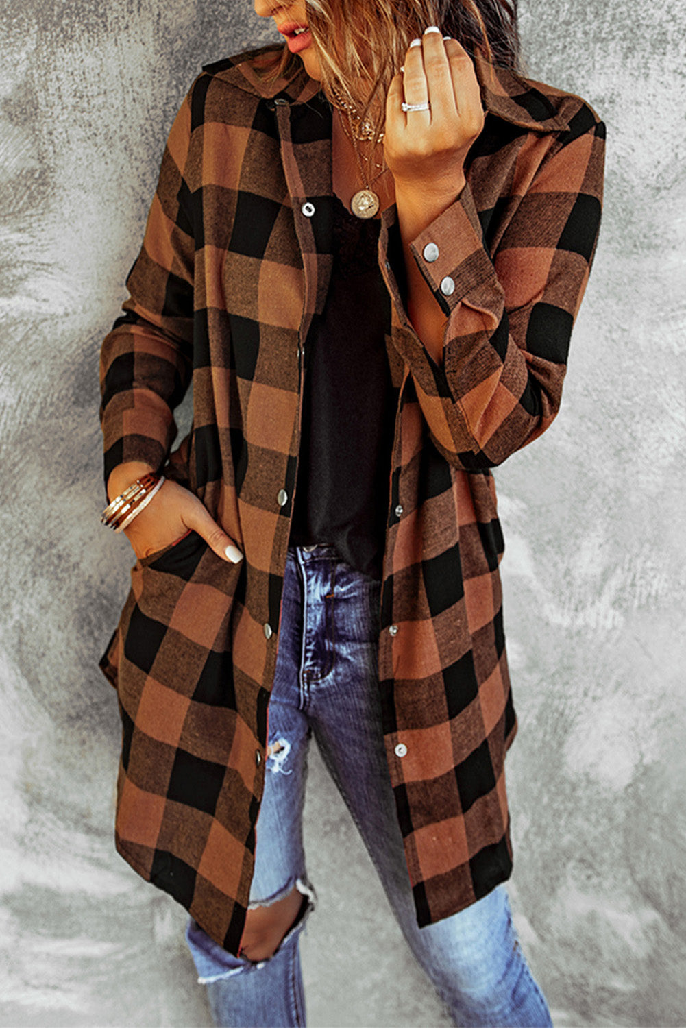 Fiery Red Turn-down Collar Plaid Shirt Coat