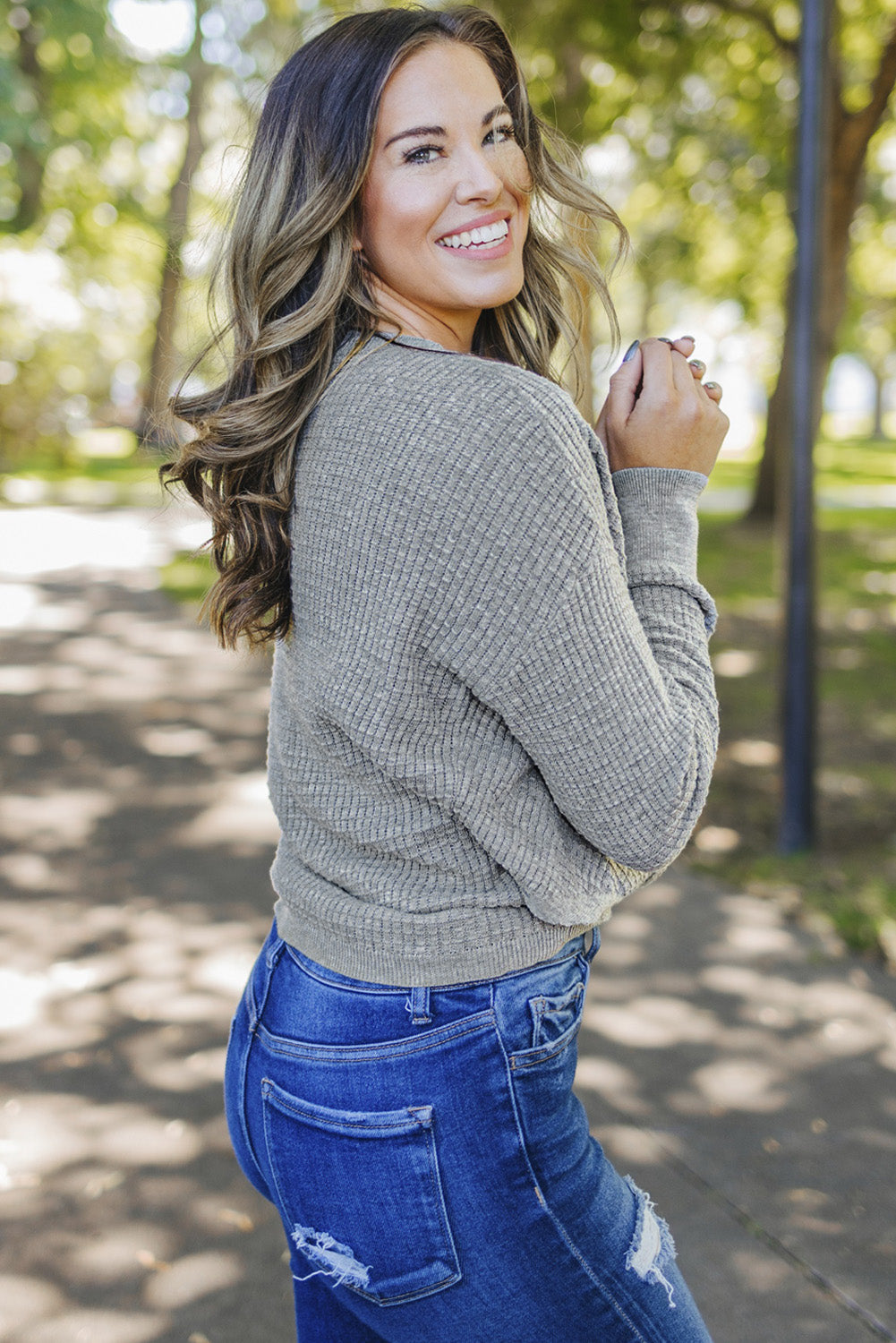 Khaki Wrap V Neck Waffle Sweater