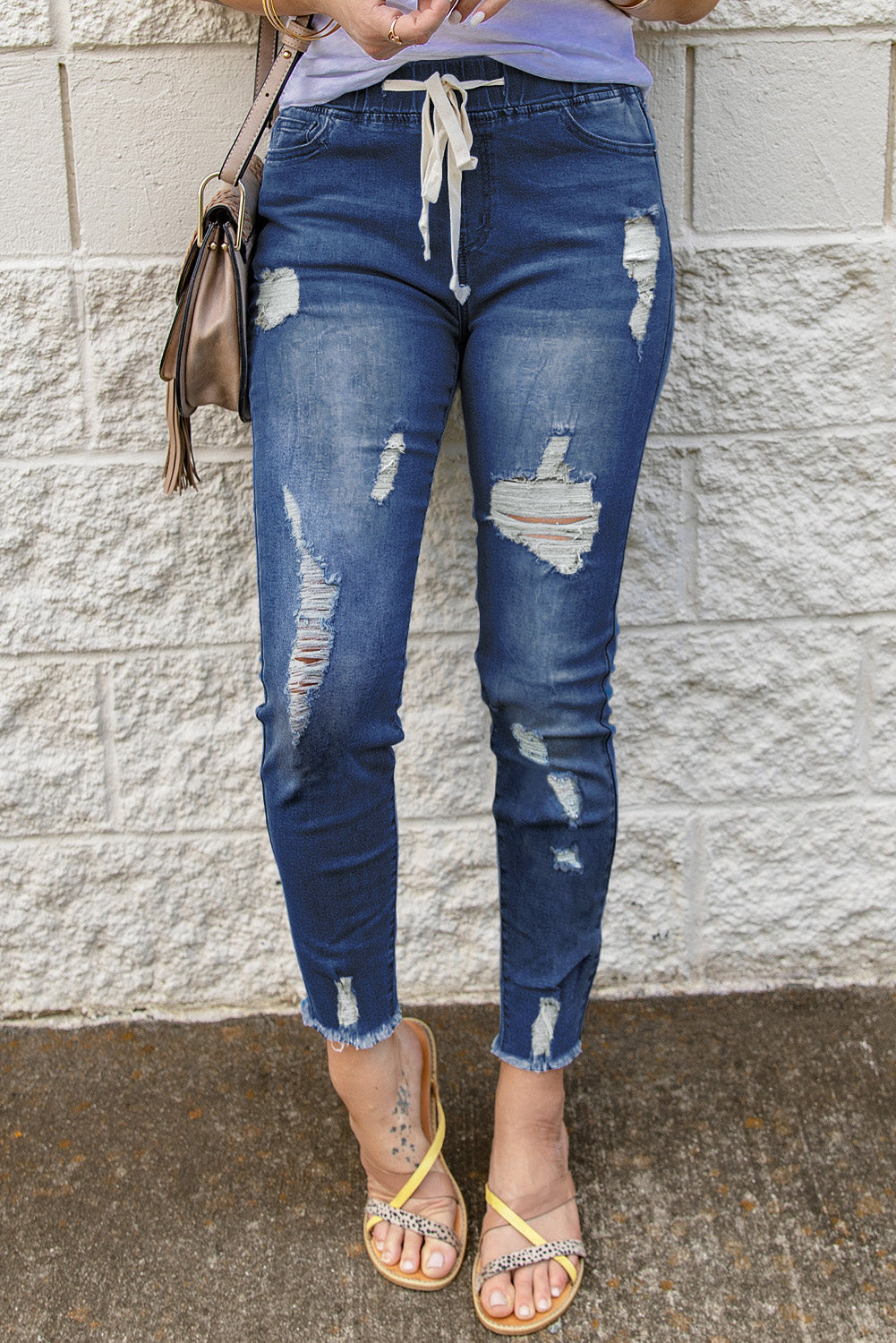 Sky Blue Drawstring Elastic Waist Hole Ripped Jeans