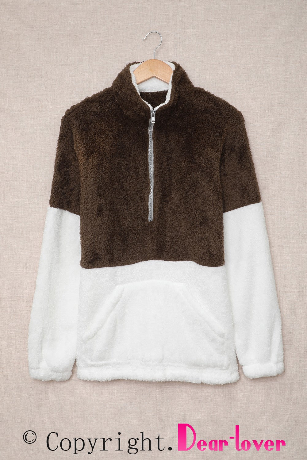 Brown Zip Neck Oversize Fluffy Fleece Pullover