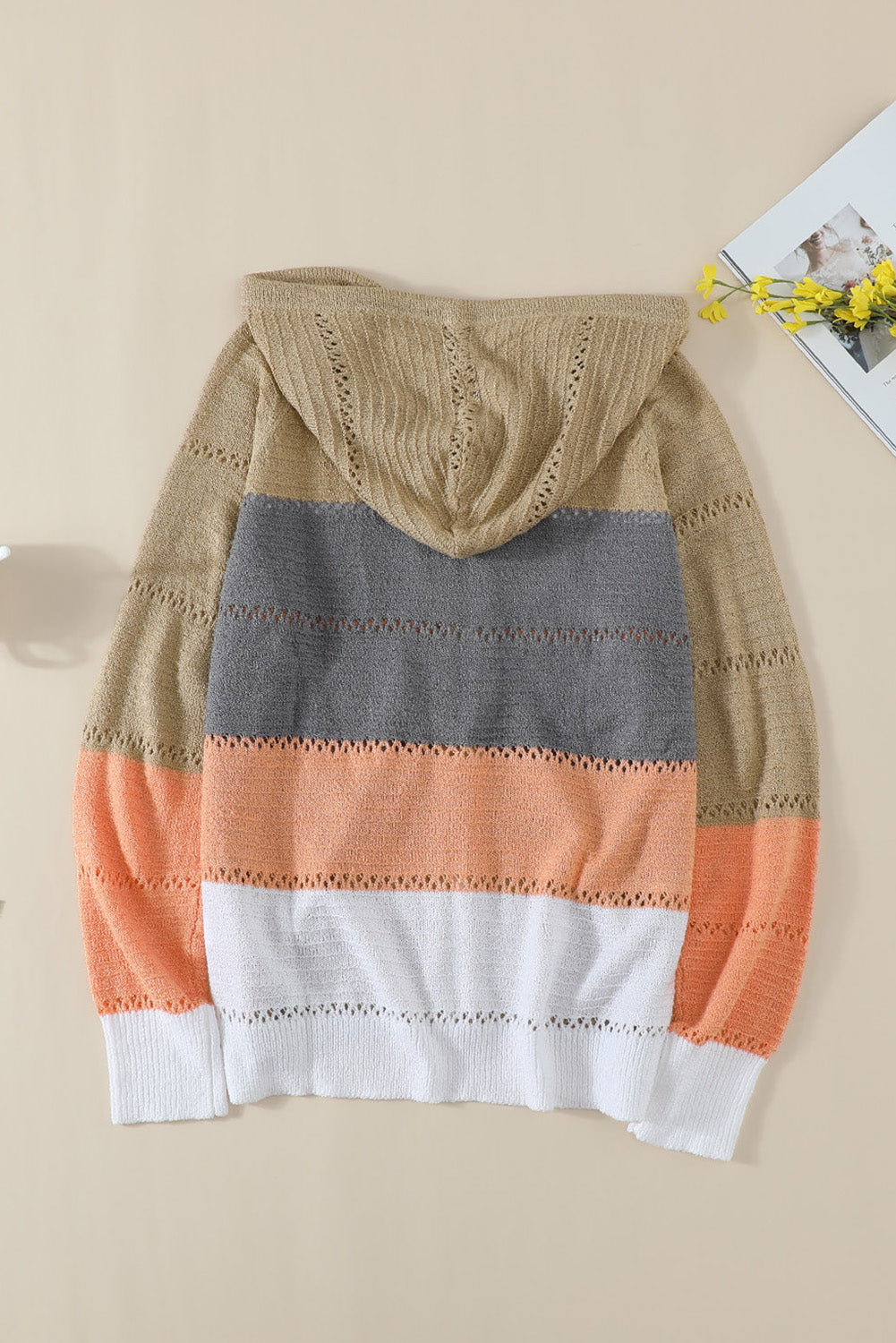 Gray Zipped Front Colorblock Hollow-out Knit Hoodie