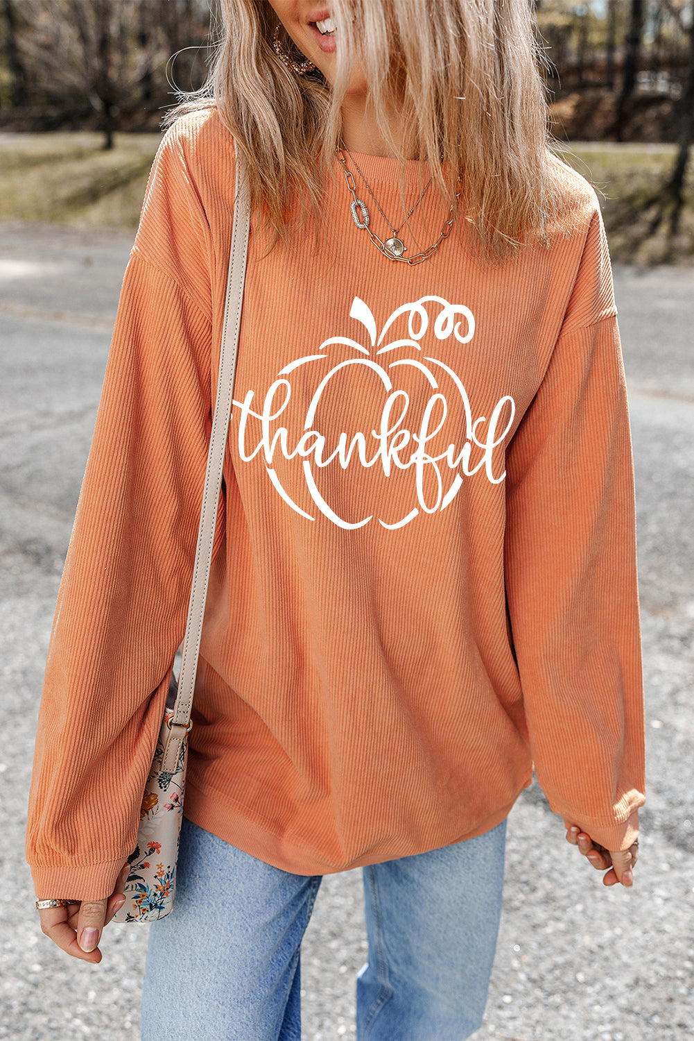 Orange Pumpkin thankful Graphic Corded Thanksgiving Sweatshirt