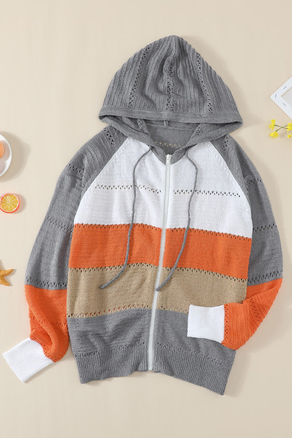 Gray Zipped Front Colorblock Hollow-out Knit Hoodie