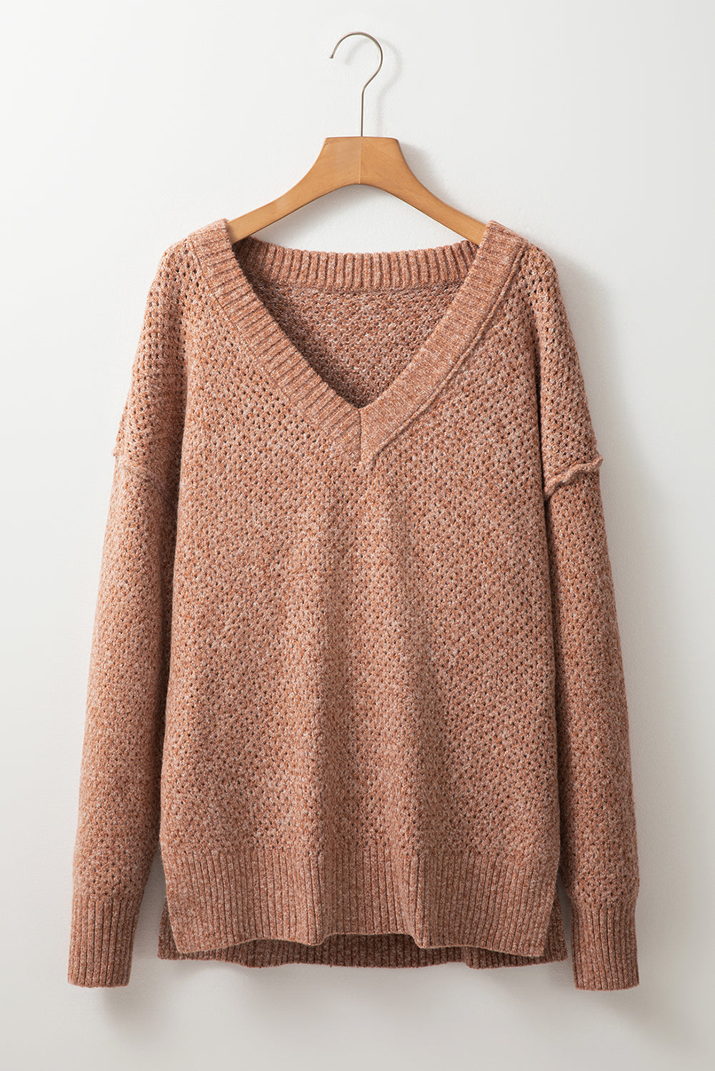 Dark Brown Loose Eyelet V Neck Drop Shoulder Sweater