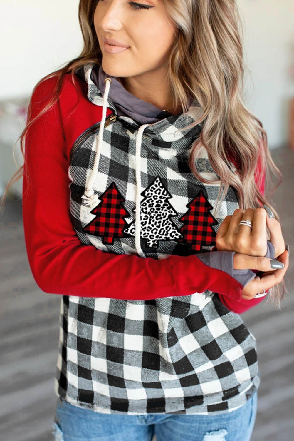 Christmas Tree Plaid Pattern Asymmetric Zip Hoodie