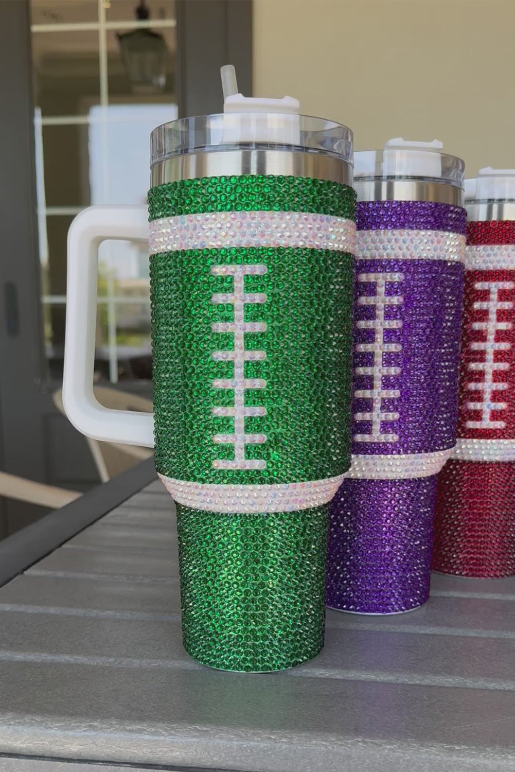 Dark Green Rhinestone Rugby Football Handle Vacuum Cup 40oz