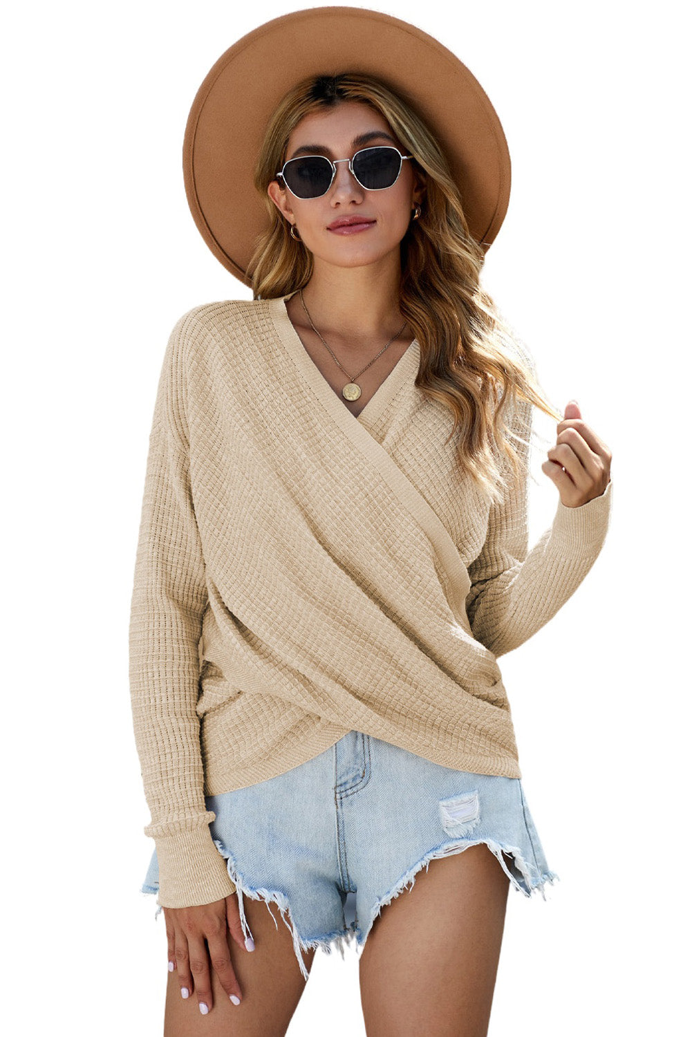 Khaki Wrap V Neck Waffle Sweater