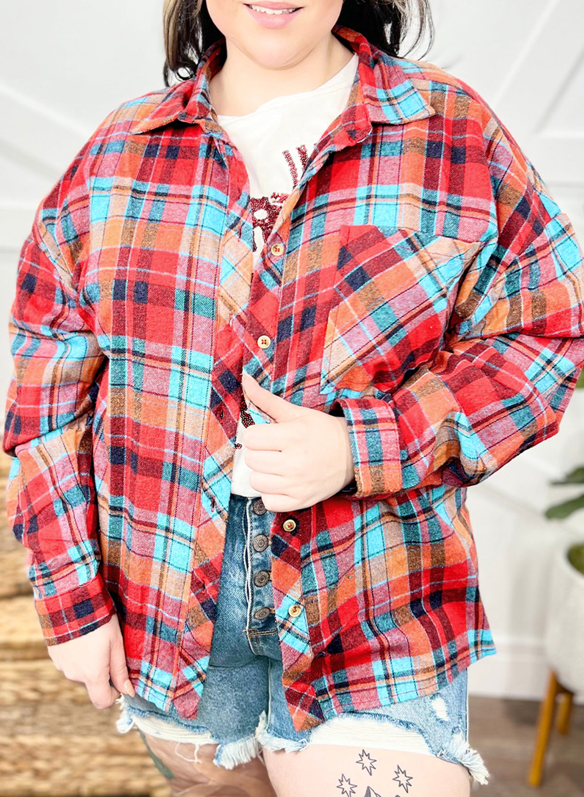 Orange Plus Size Plaid Print Buttoned Shirt