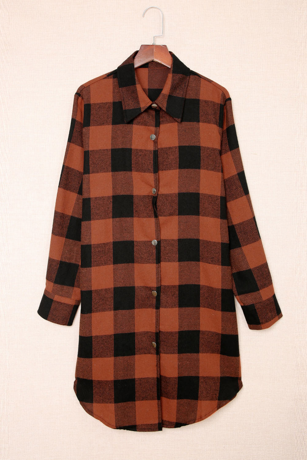 Fiery Red Turn-down Collar Plaid Shirt Coat