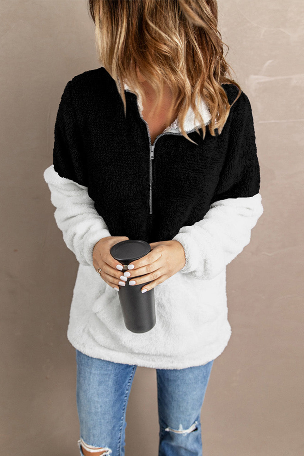 Brown Zip Neck Oversize Fluffy Fleece Pullover